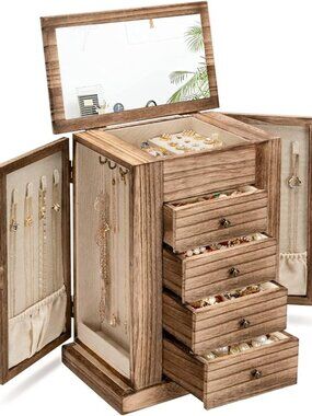 Jewelry Box Wood for Wowen, 5-Layer Large Organizer Box with Mirror & 4 Drawers